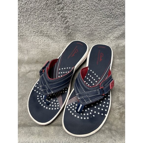 Clarks Breeze Sea Sandal Flip Flops US Size 8M Navy Blue Red Slip On 4th Of July - Picture 1 of 7